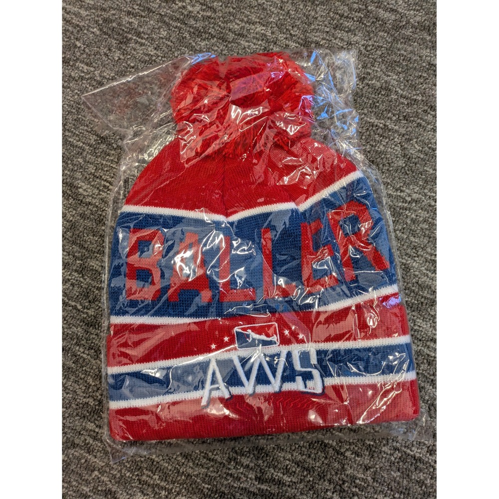 New Era BALLER Mens Red Blue White Baseball Cap Beanie Knit Pom Pom